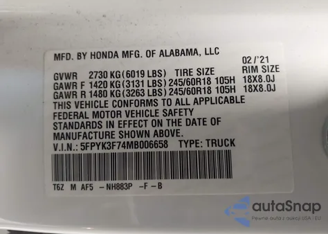 2021 Honda Ridgeline Rtl-E из США, поврежденный, VIN 5FPYK3F74MB006658